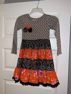 Mustard Pie Orange Floral & Black Tiered Polka Dot Dress size 6